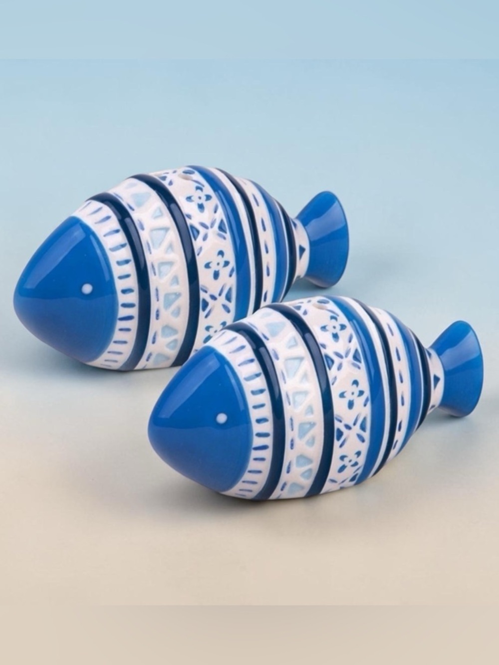Global Tides Tropical Fish Salt Pepper Shaker Set Ceramic Coastal Blue White
